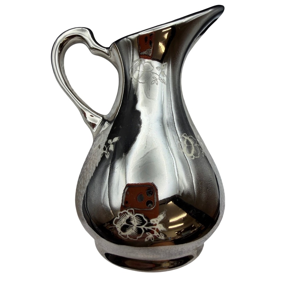 Pearl China Co Vtg MCM Rose 22Kt Silver Hand Decorated Bud Vase Pitcher USA 5in